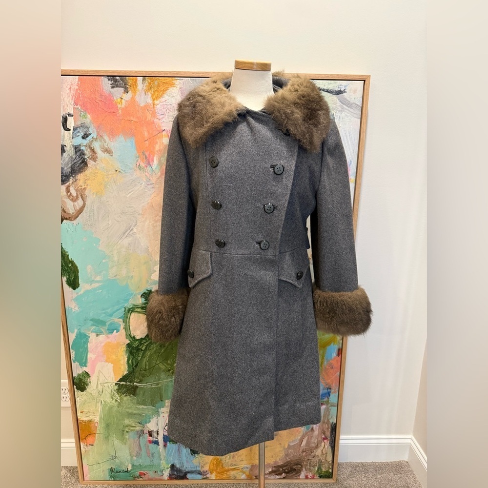 Vintage Harris Gray Wool Coat with Luxe Faux Fur Collar